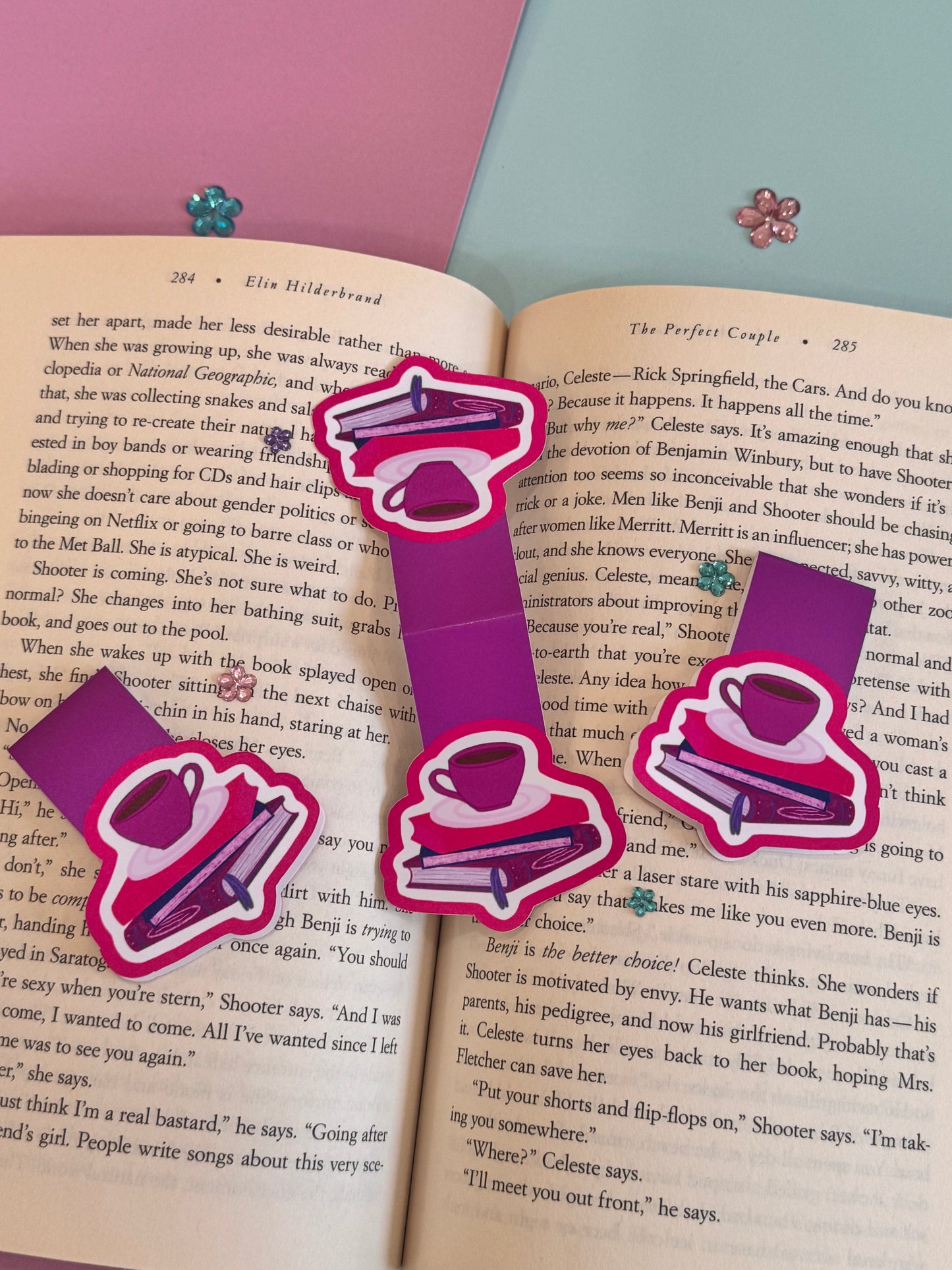 Pretty Bright Pink and Purple Magnetic Bookmark with Book Stack and Coffee