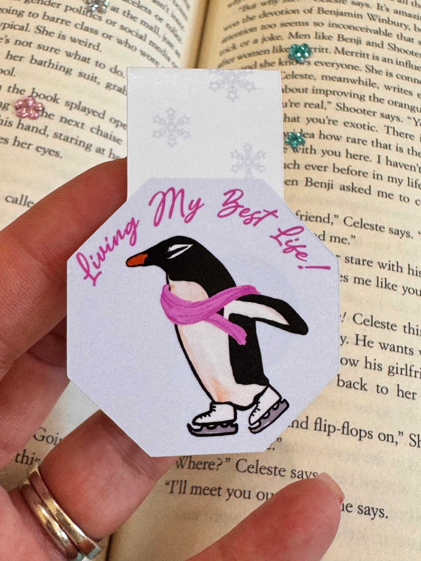 Magnetic Bookmark with Cute Penguin Ice Skating, Living My Best Life, Page Saver for Book Lovers
