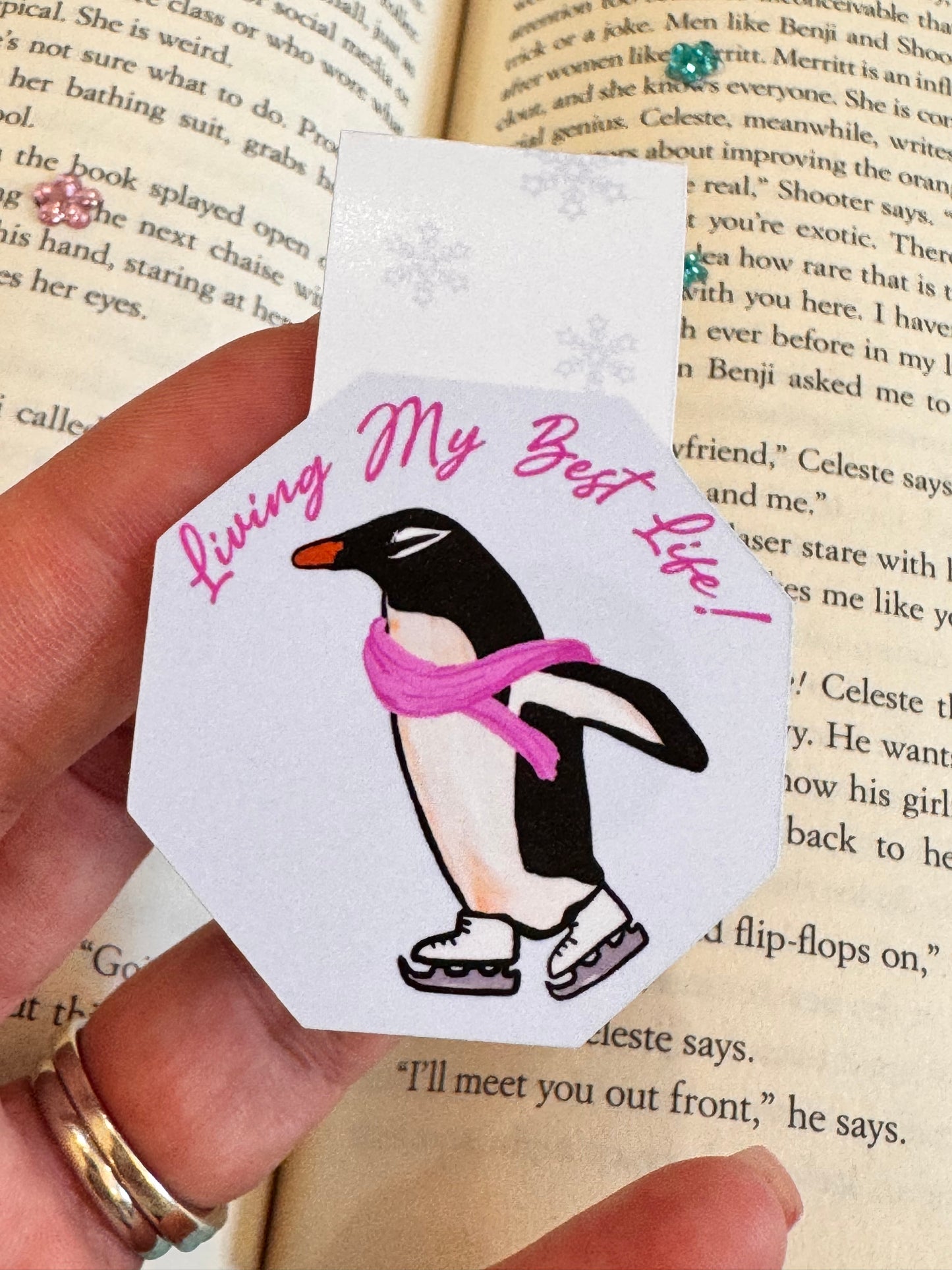 Magnetic Bookmark with Cute Penguin Ice Skating, Living My Best Life, Page Saver for Book Lovers