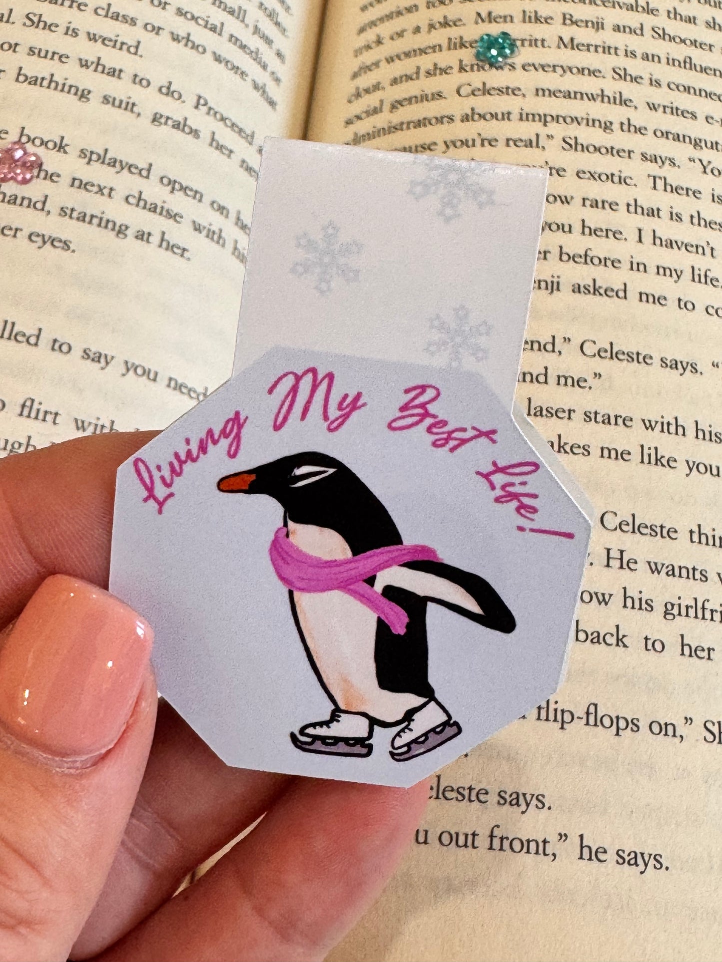 Magnetic Bookmark with Cute Penguin Ice Skating, Living My Best Life, Page Saver for Book Lovers
