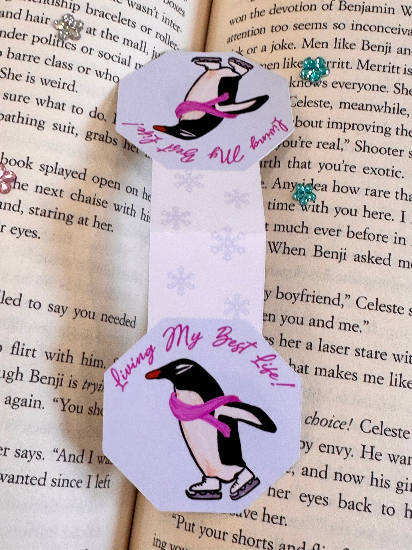 Magnetic Bookmark with Cute Penguin Ice Skating, Living My Best Life, Page Saver for Book Lovers