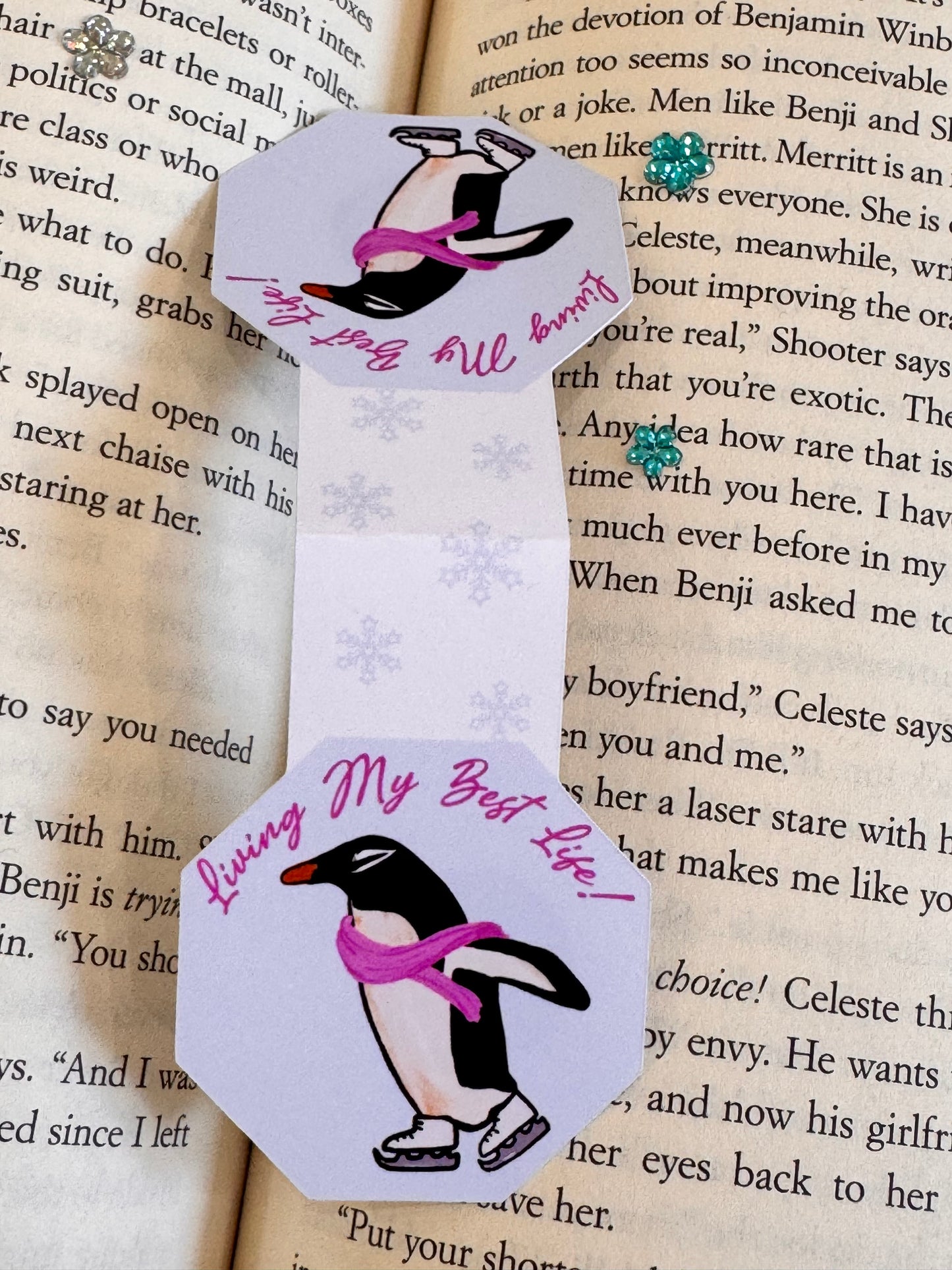 Magnetic Bookmark with Cute Penguin Ice Skating, Living My Best Life, Page Saver for Book Lovers