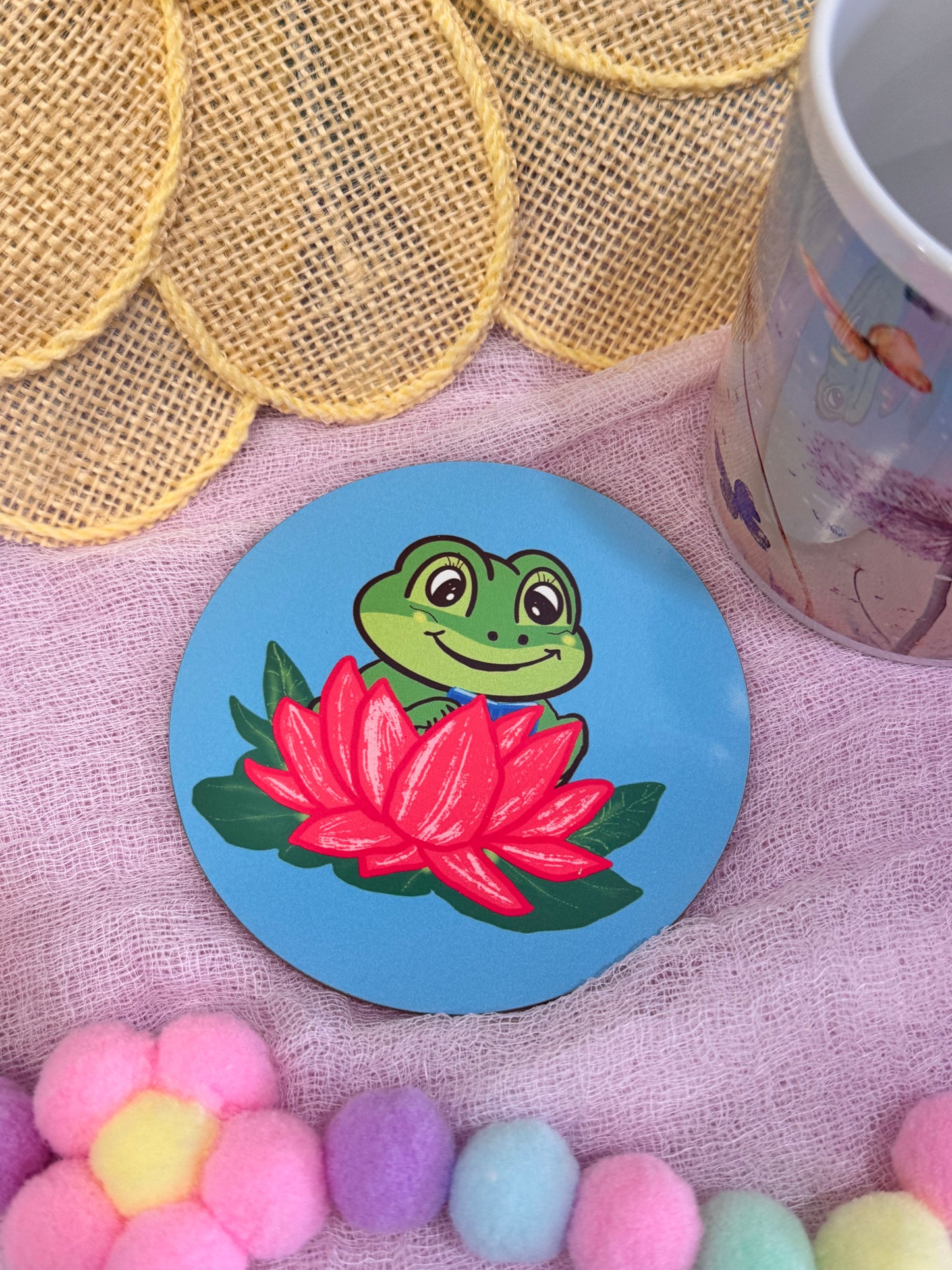 Frog Coasters, Spring and Summertime Decor, Frog Reading In A Lily Pad Cute Tableware, Cup Mat