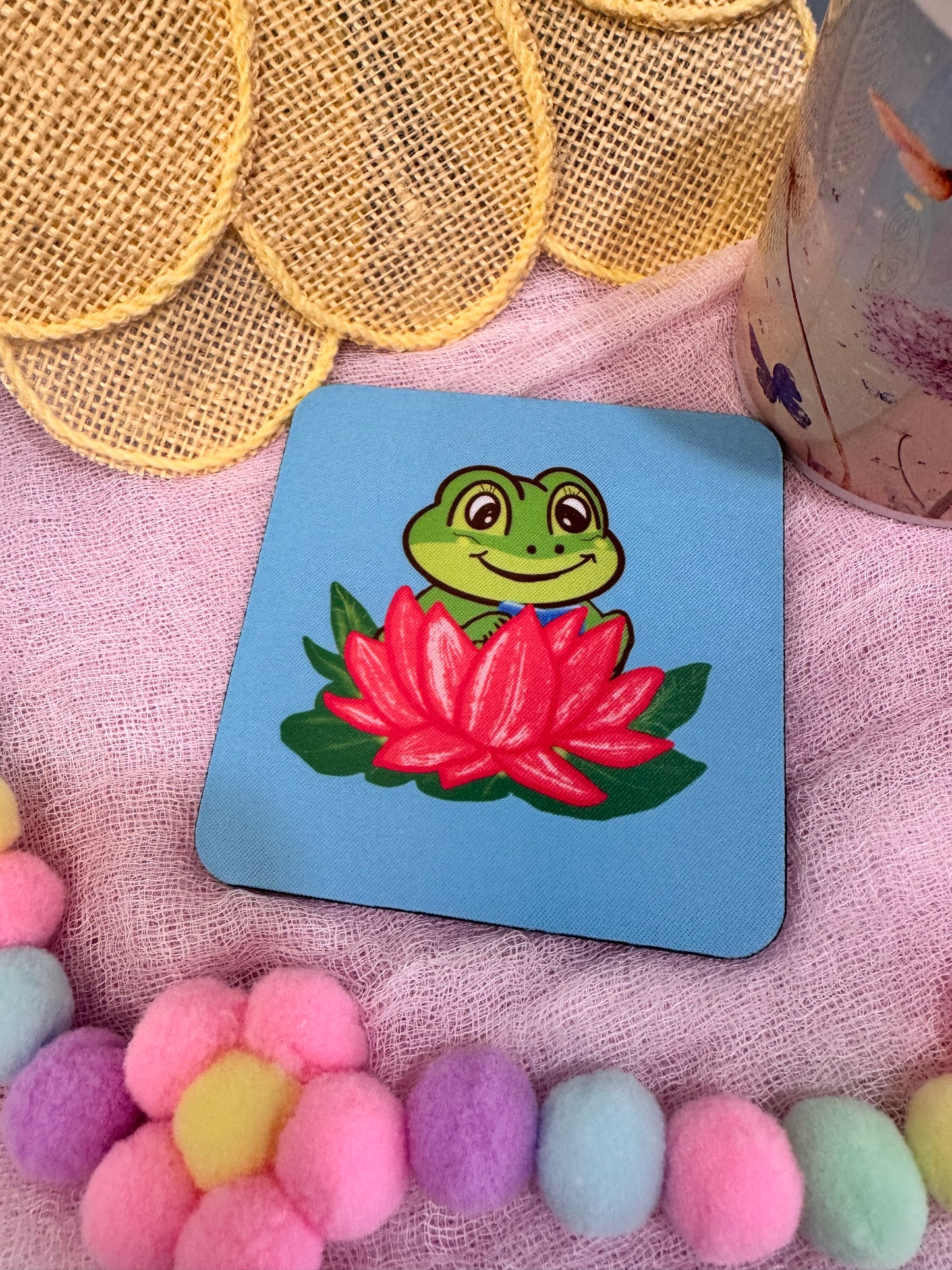 Frog Coasters, Spring and Summertime Decor, Frog Reading In A Lily Pad Cute Tableware, Cup Mat