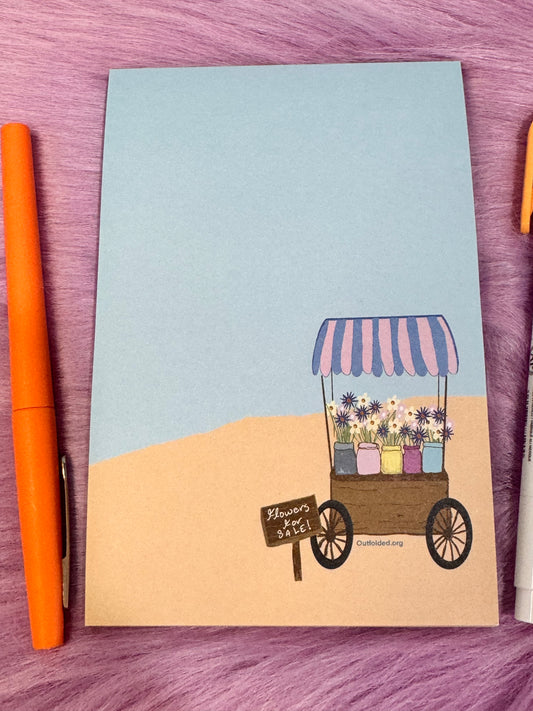 Notepads With Cute Designs, Flowers For Sale, Flower Cart, Sandy Beach List Maker, Organization, Get It Done, Cute Character, 4x6, Flowers