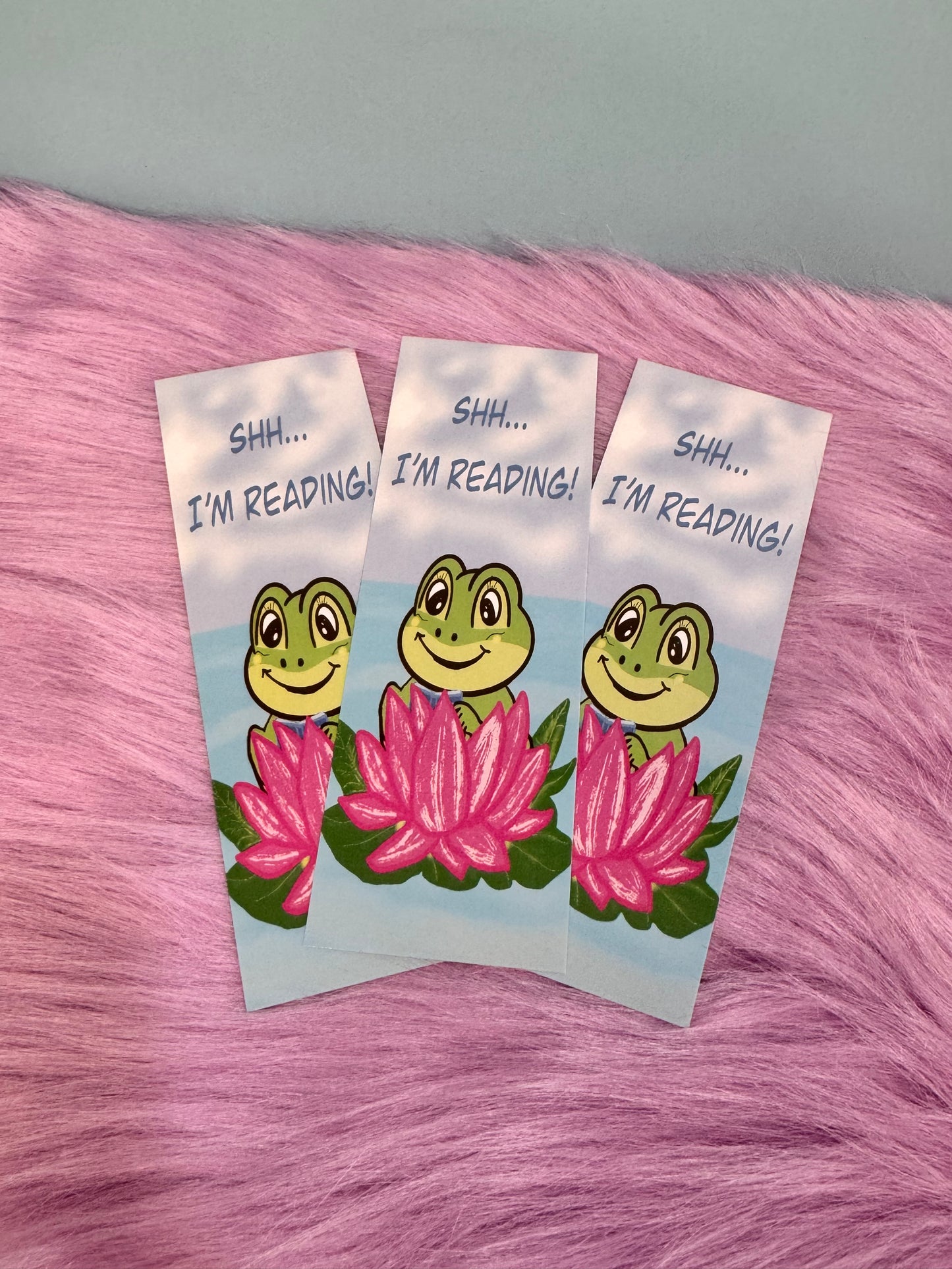 SHH I'm Reading Froggy Bookmark, Adorable Frog In A Pink Lily Pad, Hand Drawn Frog Theme