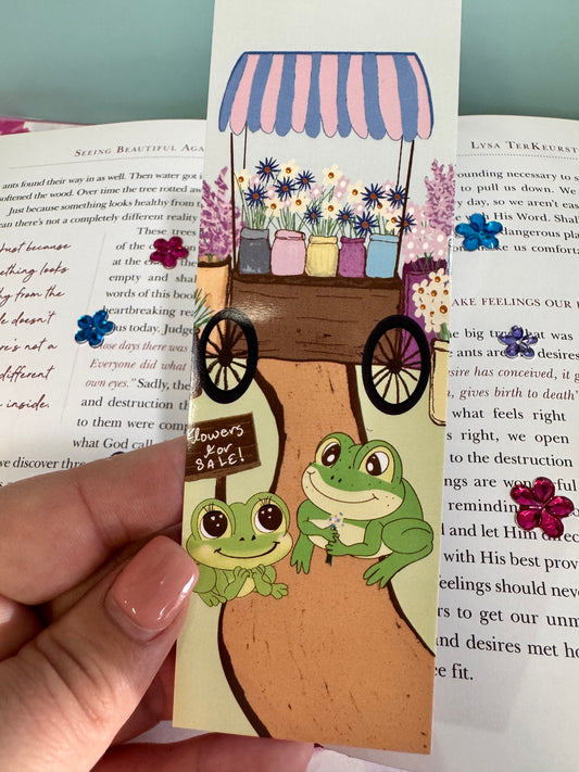 Froggy bookmark with a cute frog couple, gorgeous flower cart with flowers for sale