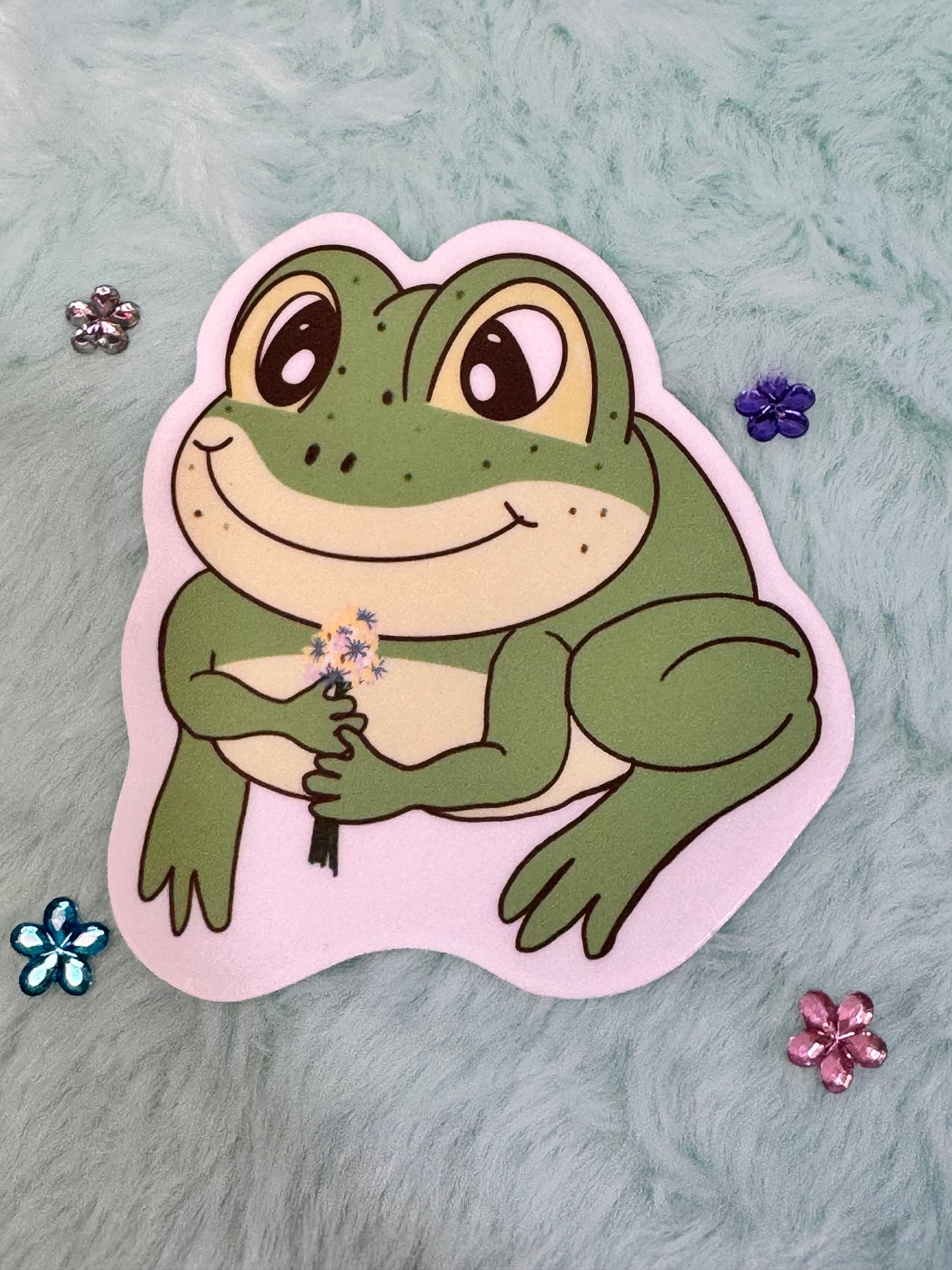 Frog Holding A Flower Bouquet Sticker, Frog In Love Waterproof Water Bottle Decor, Frog Theme Kindle Decoration, Vinyl Sticker