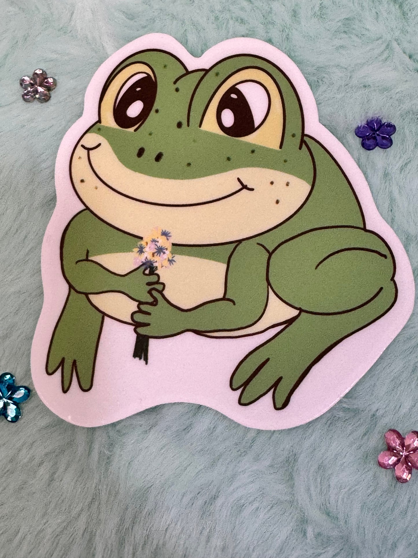 Frog Holding A Flower Bouquet Sticker, Frog In Love Waterproof Water Bottle Decor, Frog Theme Kindle Decoration, Vinyl Sticker