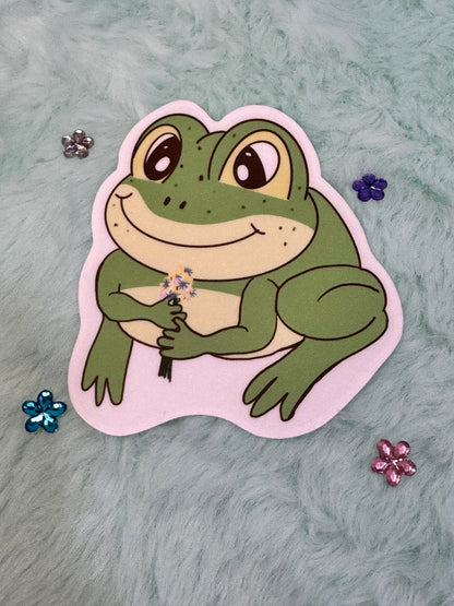 Frog Holding A Flower Bouquet Sticker, Frog In Love Waterproof Water Bottle Decor, Frog Theme Kindle Decoration, Vinyl Sticker
