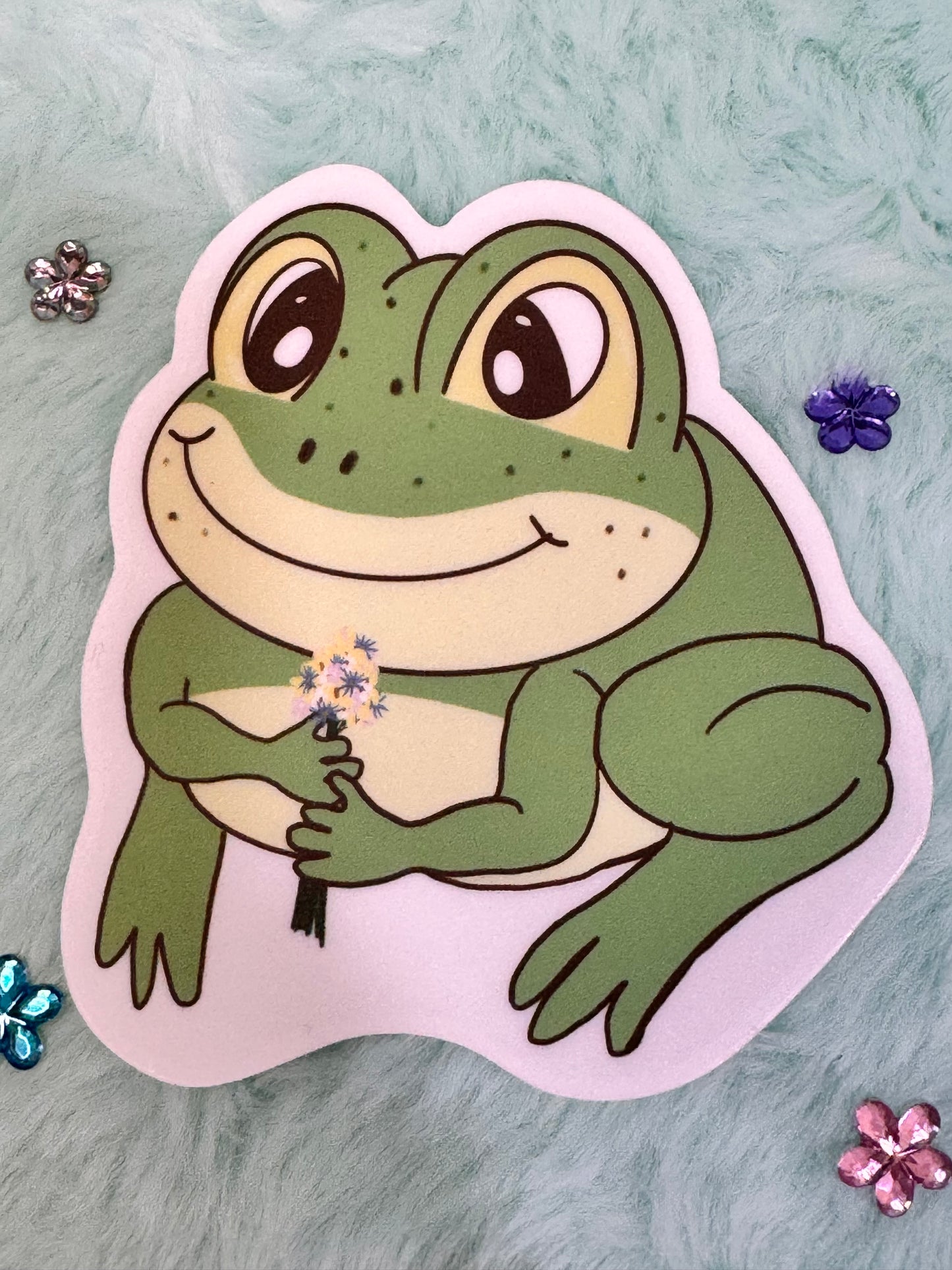 Frog Holding A Flower Bouquet Sticker, Frog In Love Waterproof Water Bottle Decor, Frog Theme Kindle Decoration, Vinyl Sticker