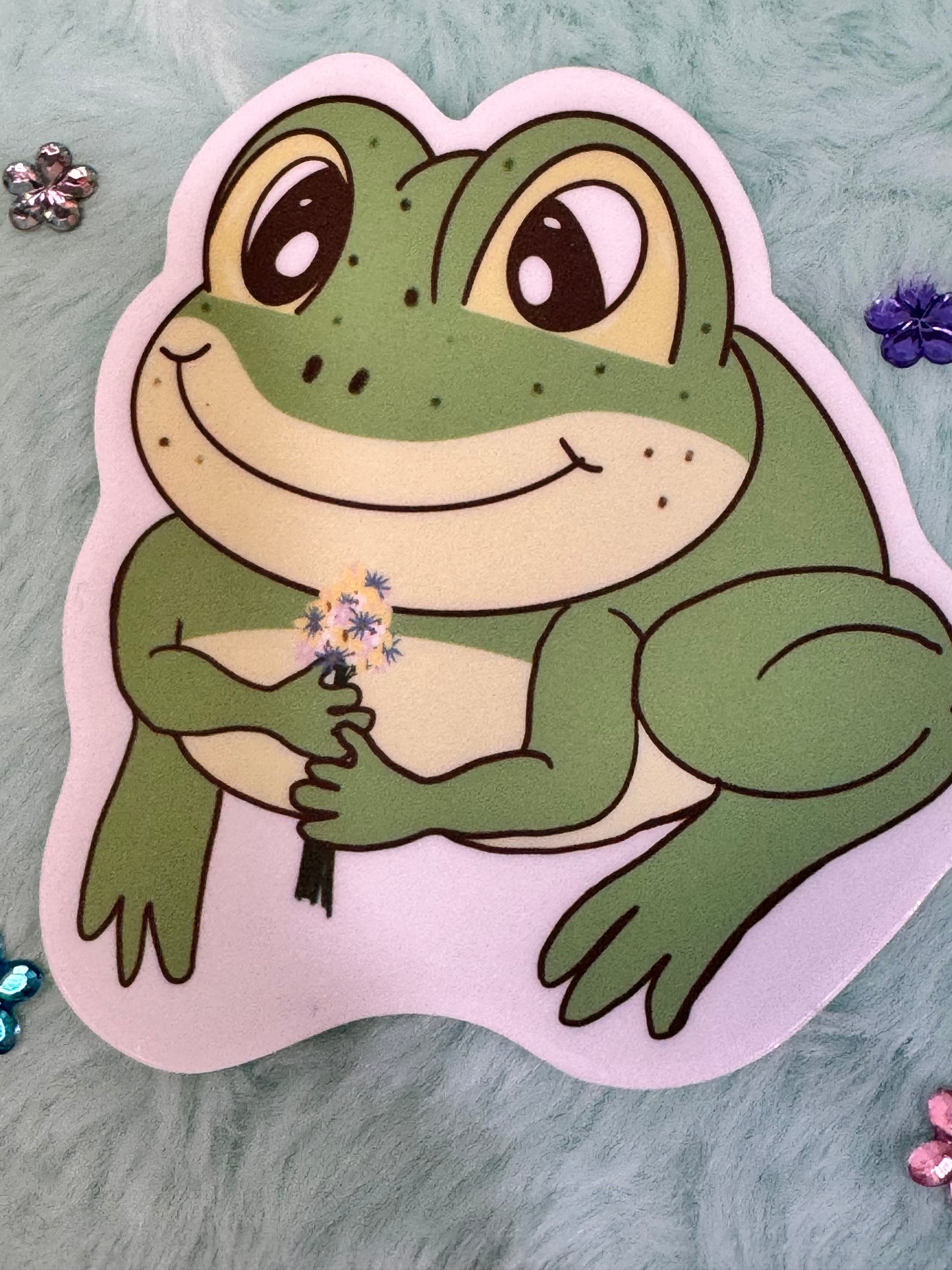 Frog Holding A Flower Bouquet Sticker, Frog In Love Waterproof Water Bottle Decor, Frog Theme Kindle Decoration, Vinyl Sticker
