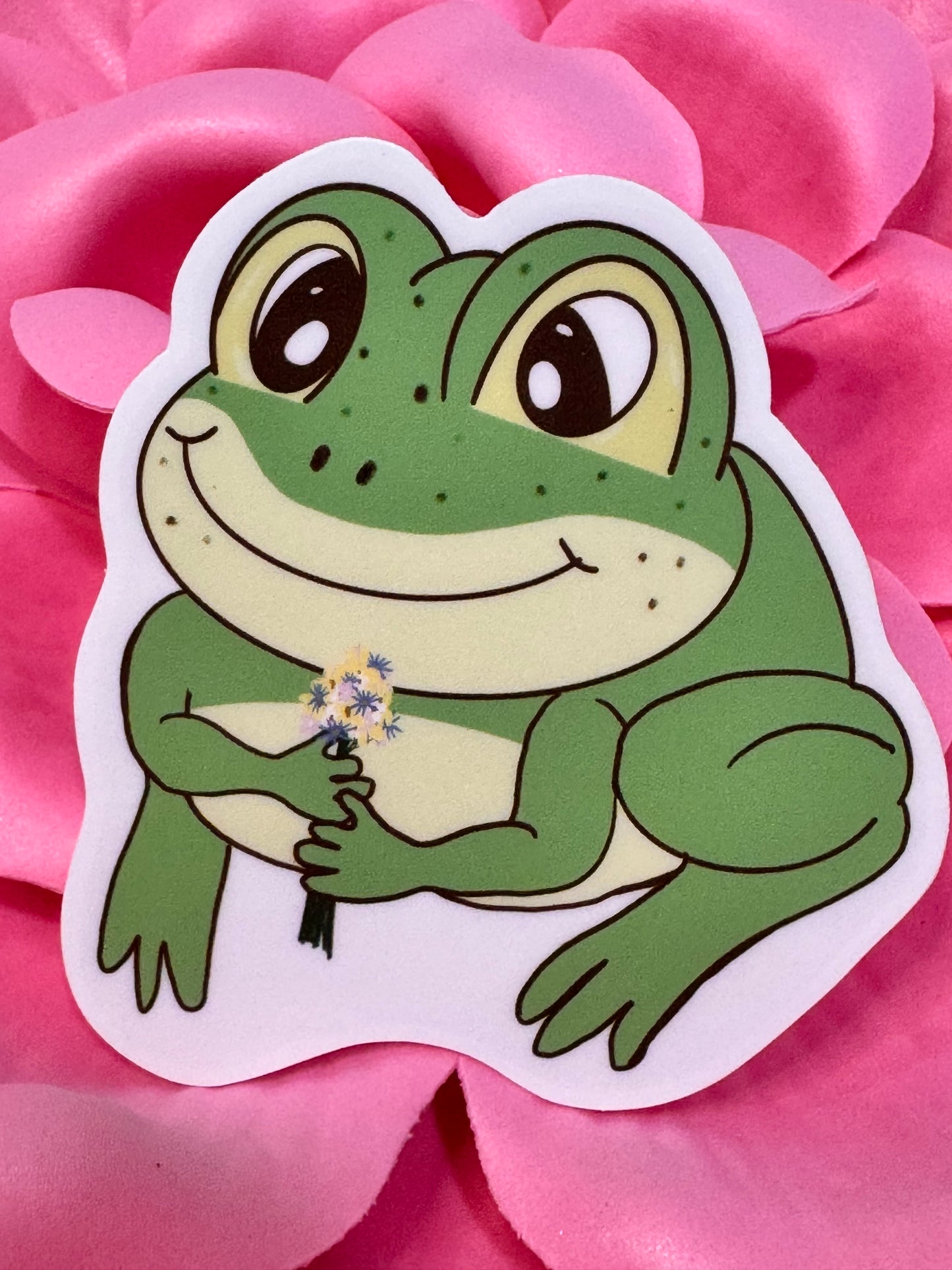 Frog Holding A Flower Bouquet Sticker, Frog In Love Waterproof Water Bottle Decor, Frog Theme Kindle Decoration, Vinyl Sticker