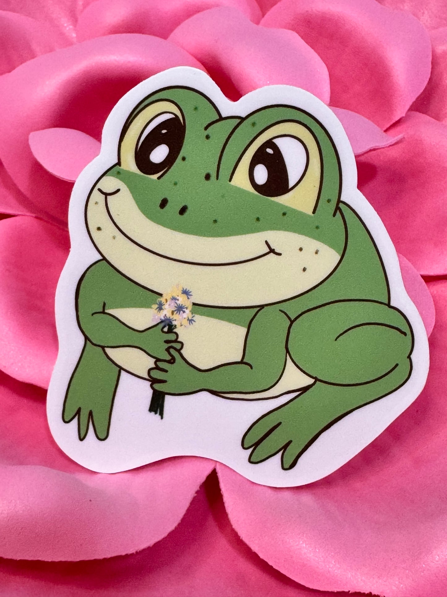 Frog Holding A Flower Bouquet Sticker, Frog In Love Waterproof Water Bottle Decor, Frog Theme Kindle Decoration, Vinyl Sticker