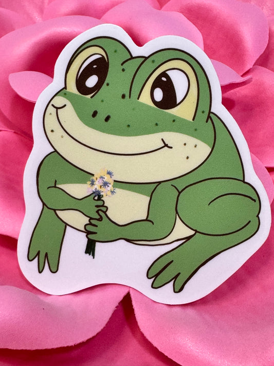 Frog Holding A Flower Bouquet Sticker, Frog In Love Waterproof Water Bottle Decor, Frog Theme Kindle Decoration, Vinyl Sticker