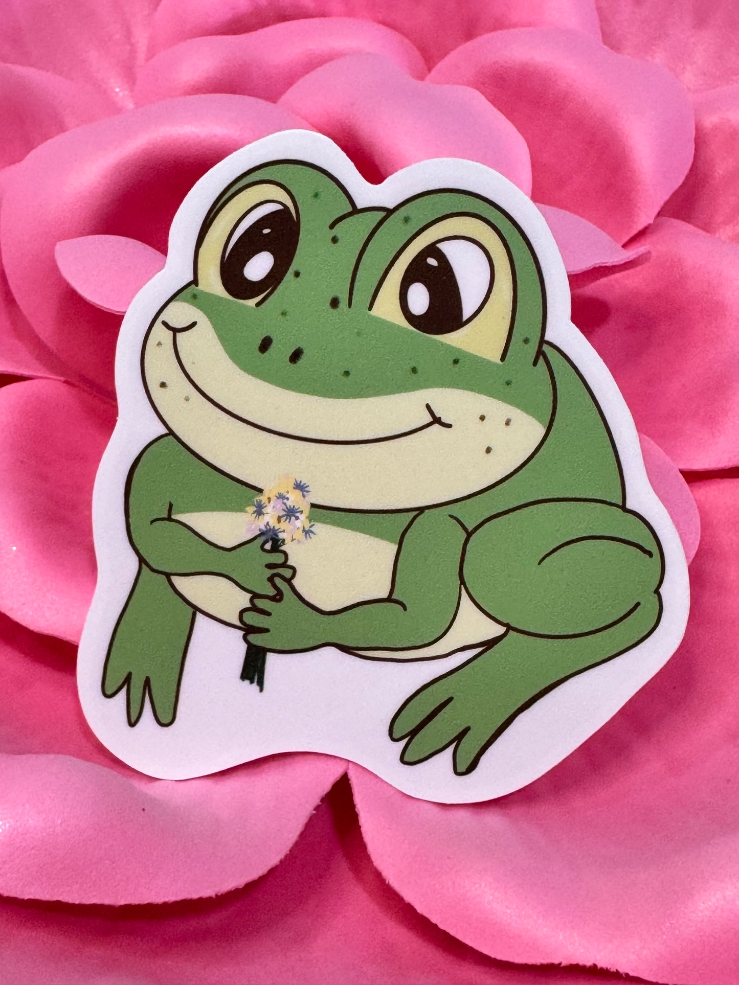 Frog Holding A Flower Bouquet Sticker, Frog In Love Waterproof Water Bottle Decor, Frog Theme Kindle Decoration, Vinyl Sticker