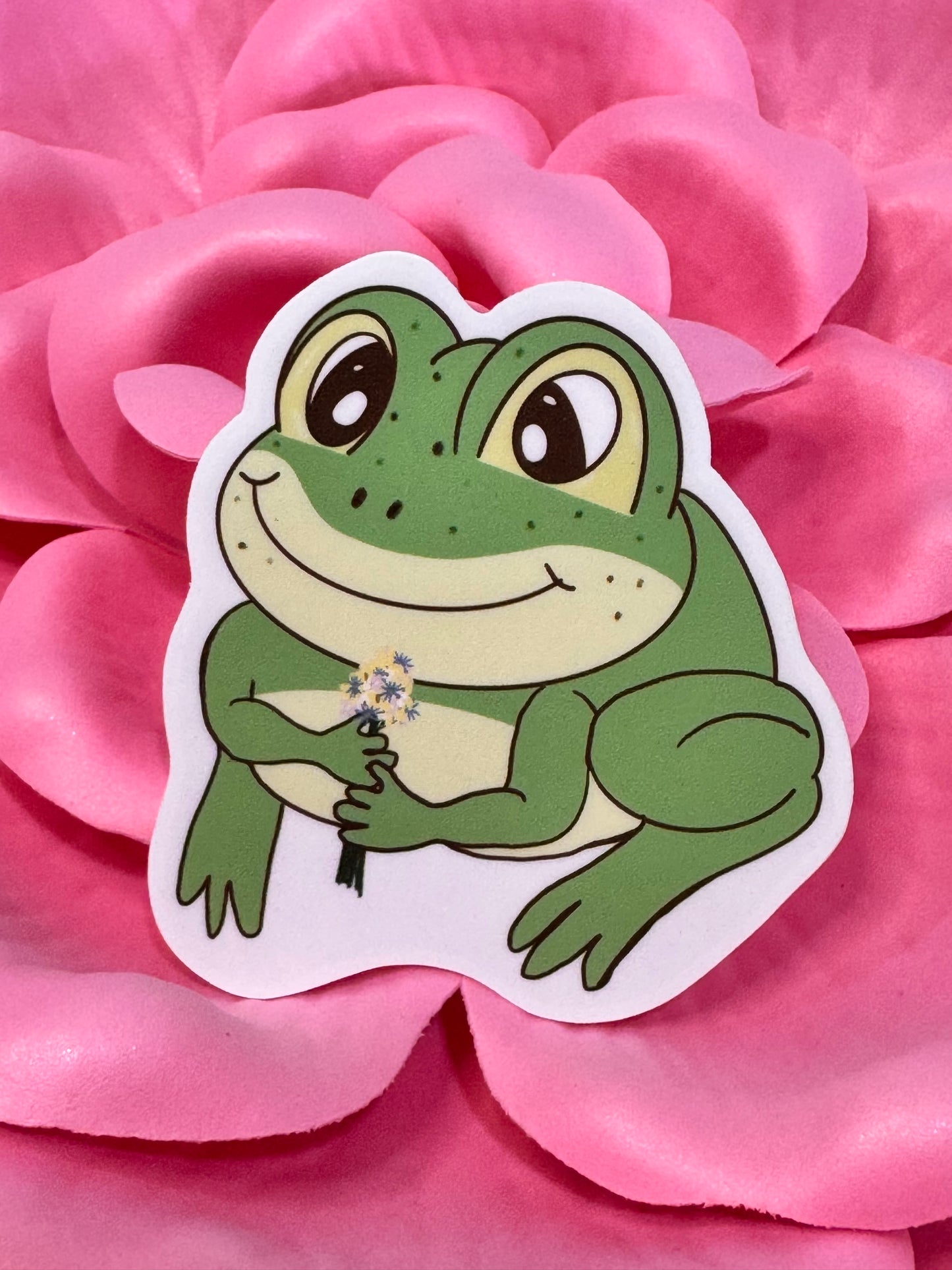 Frog Holding A Flower Bouquet Sticker, Frog In Love Waterproof Water Bottle Decor, Frog Theme Kindle Decoration, Vinyl Sticker
