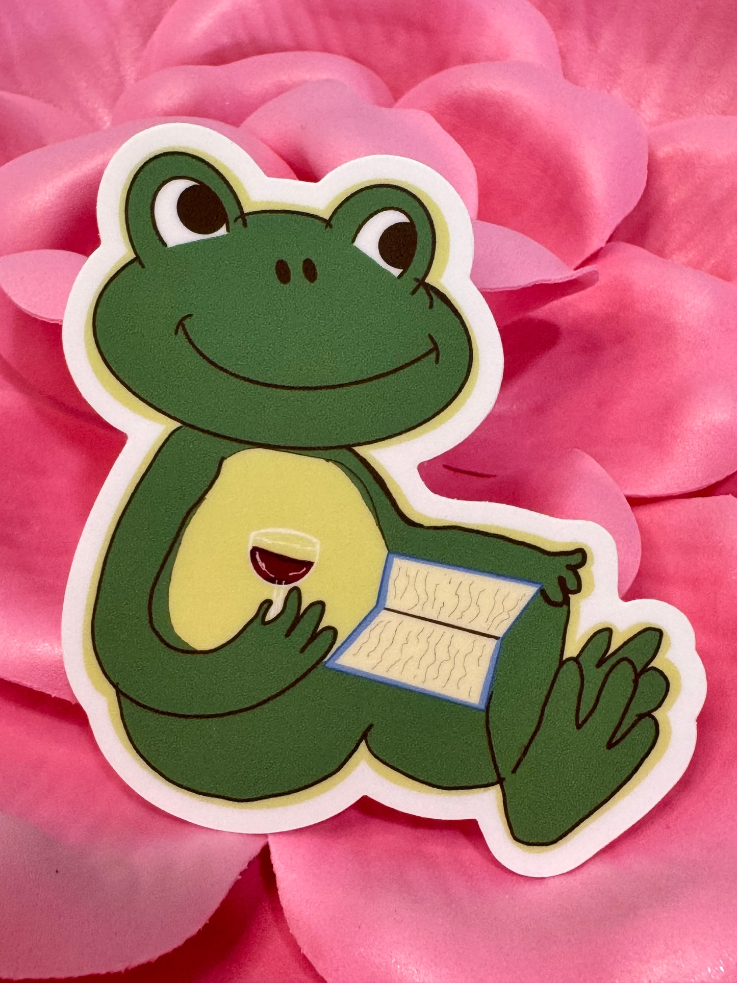 Froggy Books and Wine Sticker, Frog Drinking Red Wine While Reading His Favorite Book, Waterproof, Frog Theme Decoration, Vinyl Sticker
