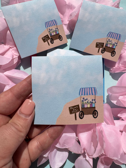 Flower Cart On A Pretty Beach Sticky Note, Flowers For Sale, Post A Note, Notepads For Spring and Summer, Hand Drawn
