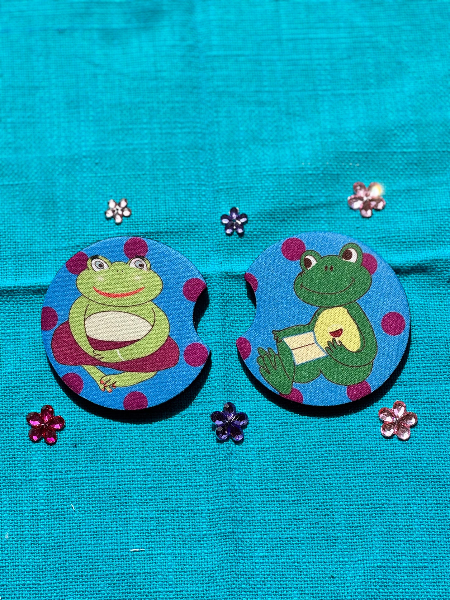 Frog Rubber Car Coasters Set Of 2, Adorable Frog Couple In Love, Boyfriend and Girlfriend