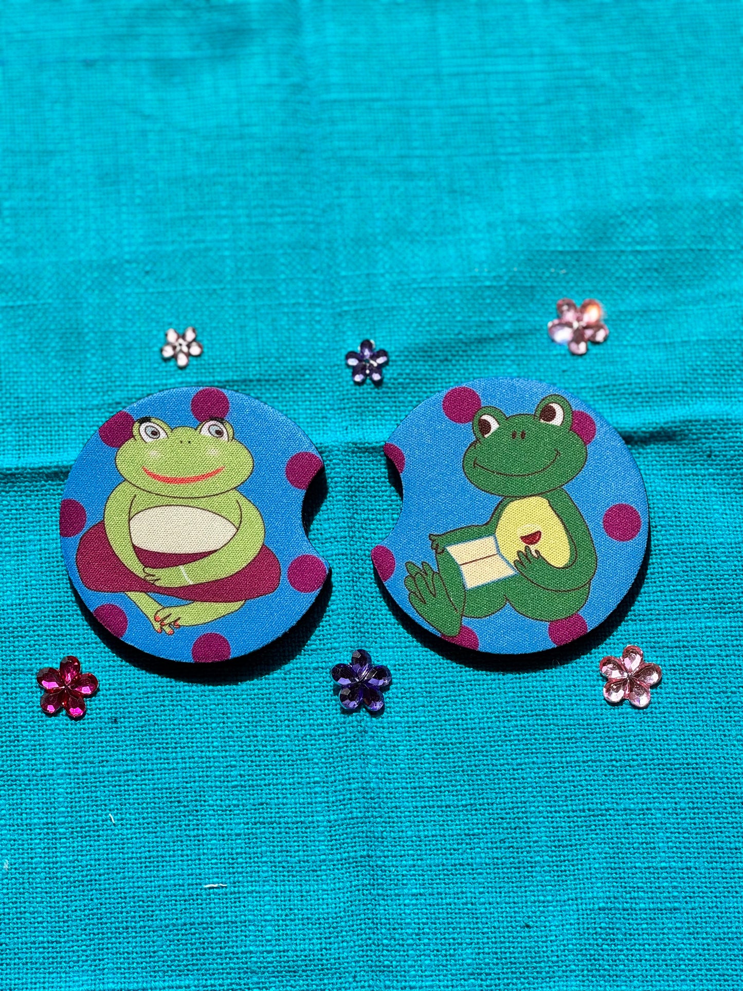Frog Rubber Car Coasters Set Of 2, Adorable Frog Couple In Love, Boyfriend and Girlfriend