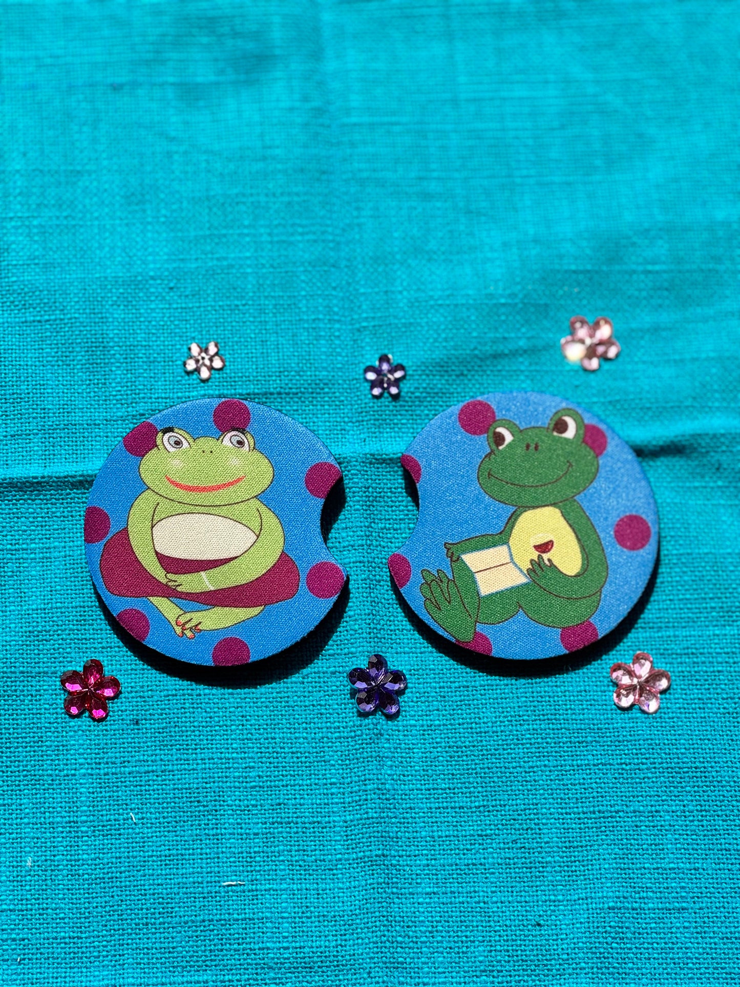 Frog Rubber Car Coasters Set Of 2, Adorable Frog Couple In Love, Boyfriend and Girlfriend