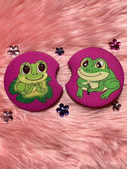 Frog Rubber Car Coasters Set Of 2, Adorable Frog Couple In Love, Boyfriend and Girlfriend