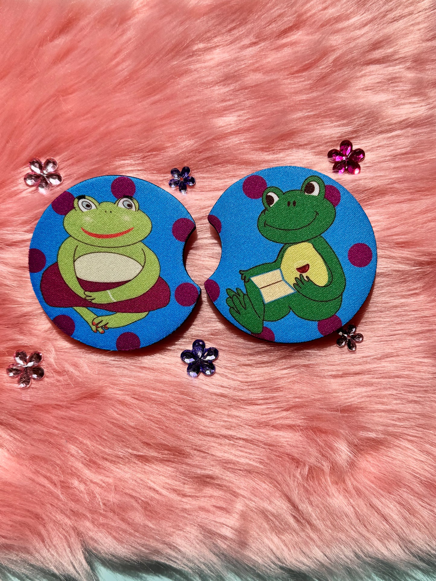 Frog Rubber Car Coasters Set Of 2, Adorable Frog Couple In Love, Boyfriend and Girlfriend