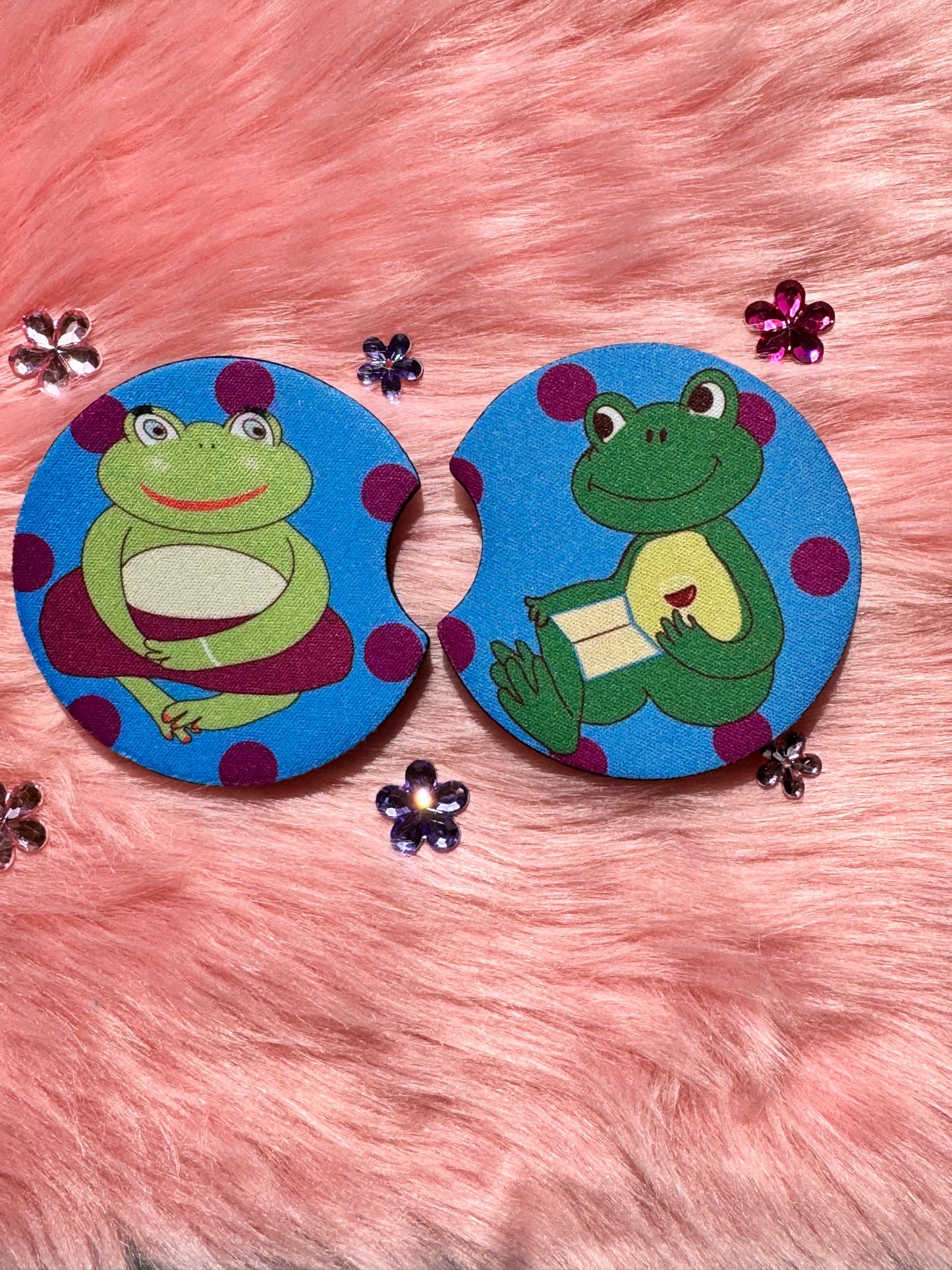 Frog Rubber Car Coasters Set Of 2, Adorable Frog Couple In Love, Boyfriend and Girlfriend