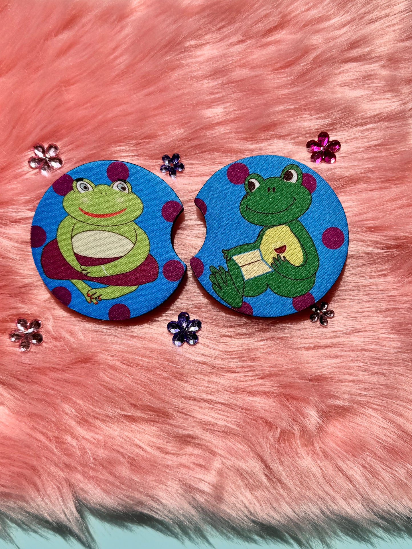 Frog Rubber Car Coasters Set Of 2, Adorable Frog Couple In Love, Boyfriend and Girlfriend