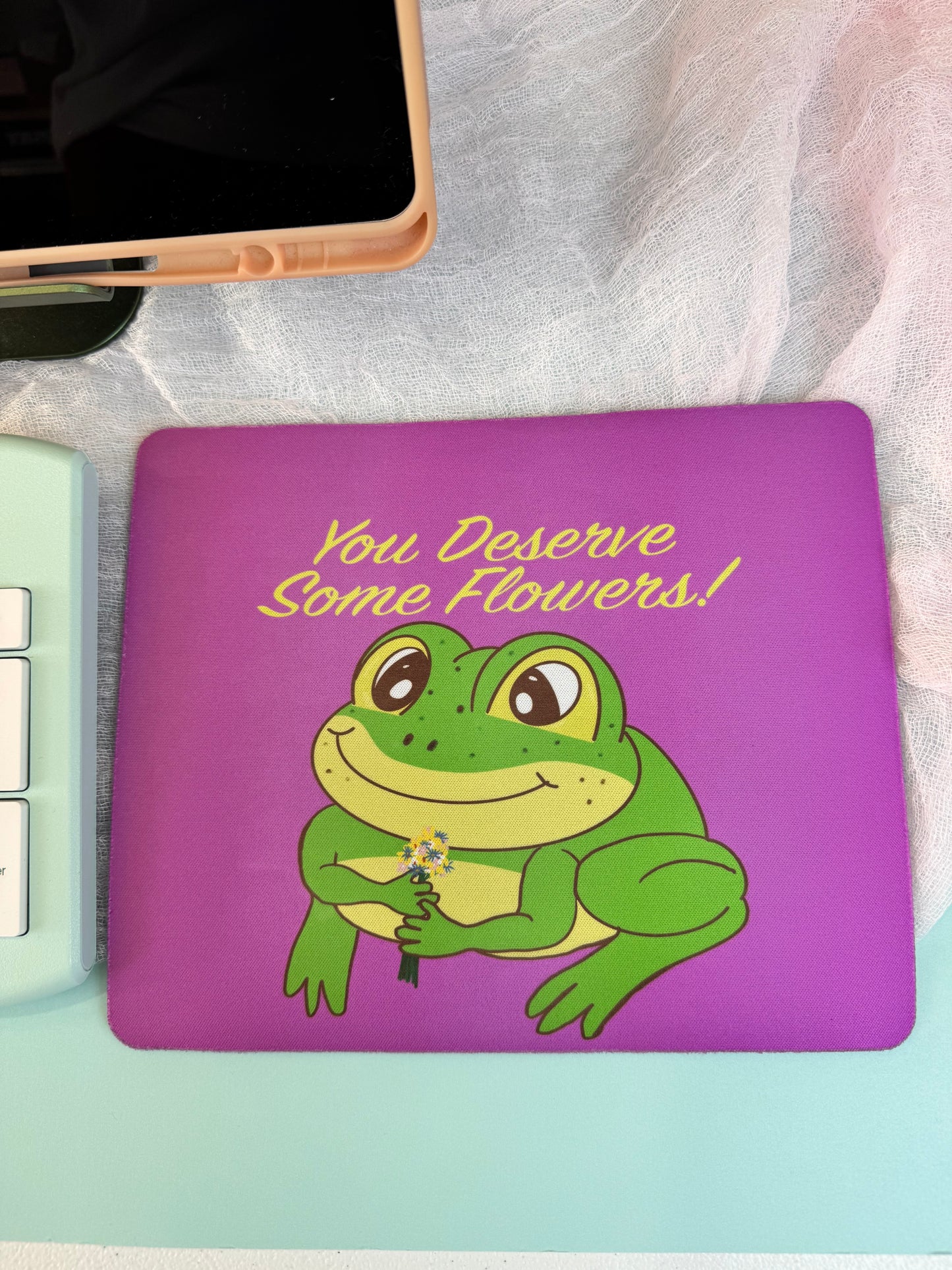 Frog Mouse Mat, Spring and Summertime Decor, Frog With Flower Bouquet, Cute Desk Mouse Pad, You Deserve Flowers