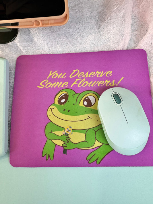 Frog Mouse Mat, Spring and Summertime Decor, Frog With Flower Bouquet, Cute Desk Mouse Pad, You Deserve Flowers