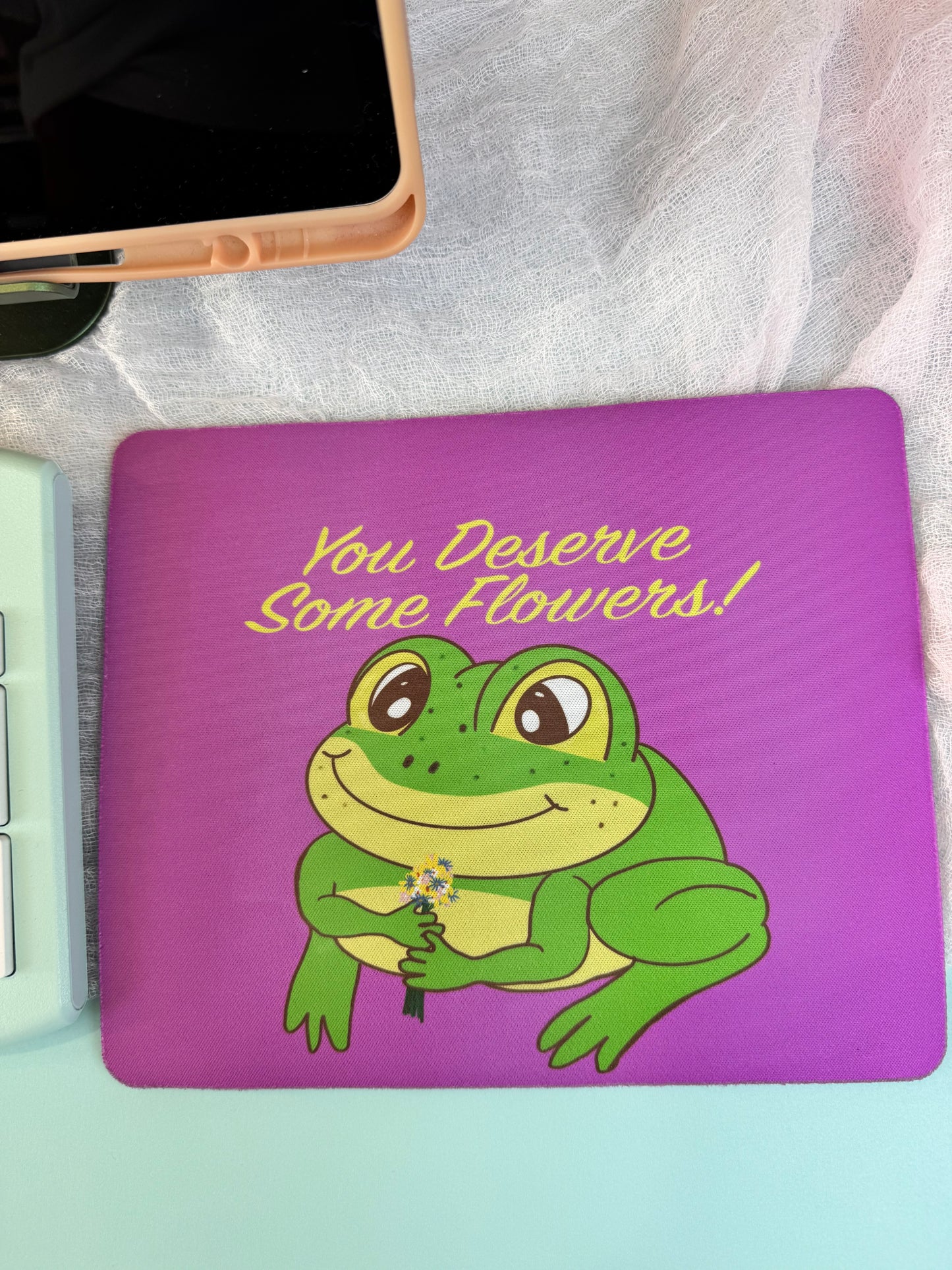Frog Mouse Mat, Spring and Summertime Decor, Frog With Flower Bouquet, Cute Desk Mouse Pad, You Deserve Flowers