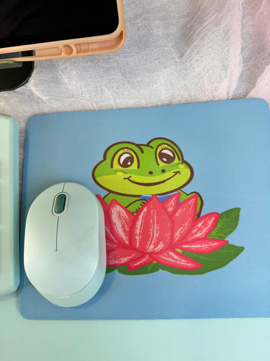 Frog Mouse Mat For Book Lovers, Spring and Summertime Decor, Reading in Gorgeous Pink Lily Pad, Cute Desk Mouse Pad