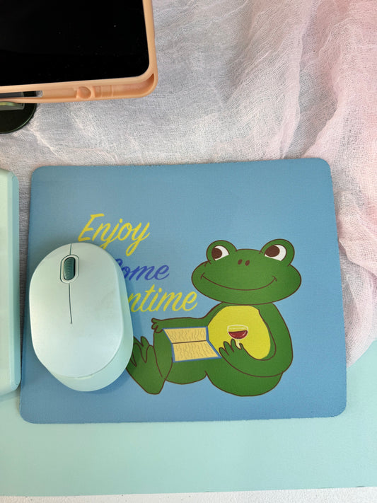 Frog Mouse Mat, Read A Good Book, Enjoy Some Downtime with Red Wine, Spring and Summertime Decor, Cute Desk Mouse Pad
