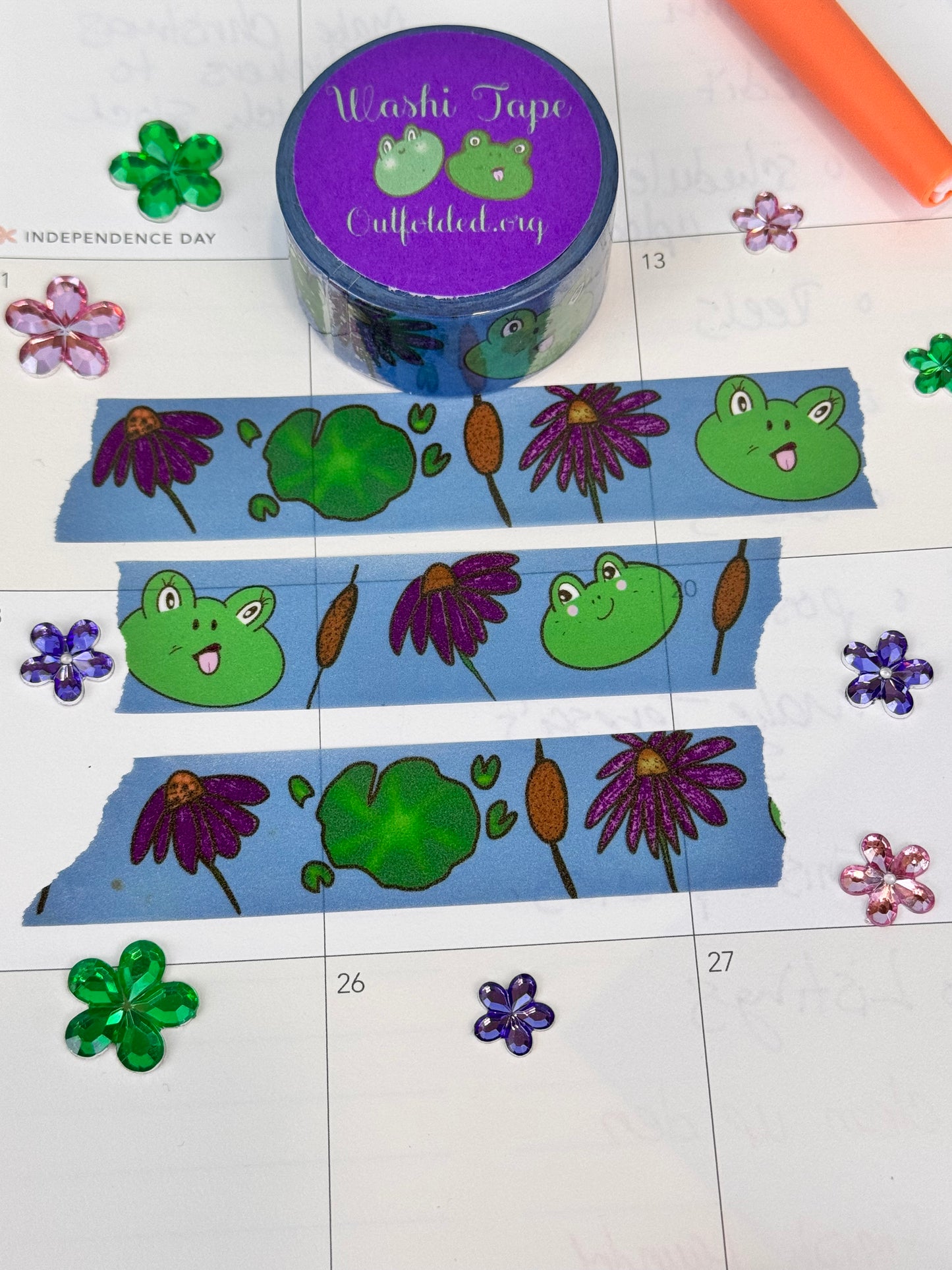 Frog Washi Tape, Kawaii Cute Frogs on Blue Tape with Flowers, and Lily Pads, 2 cm wide, 5 m long