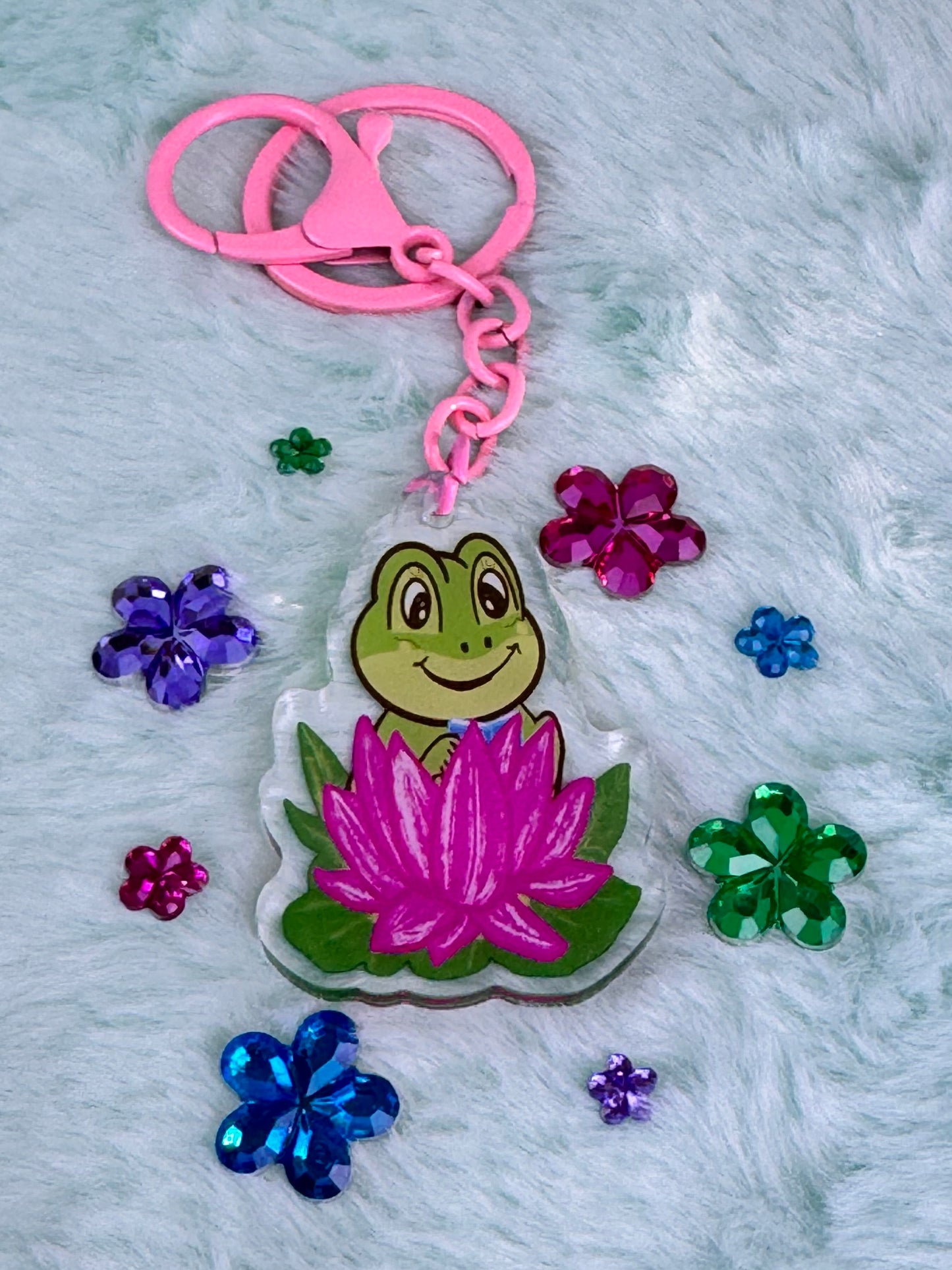 Adorable Acrylic Keychains, Bag Charms and Key Holders, Cute Frog Reading In Lotus Flower