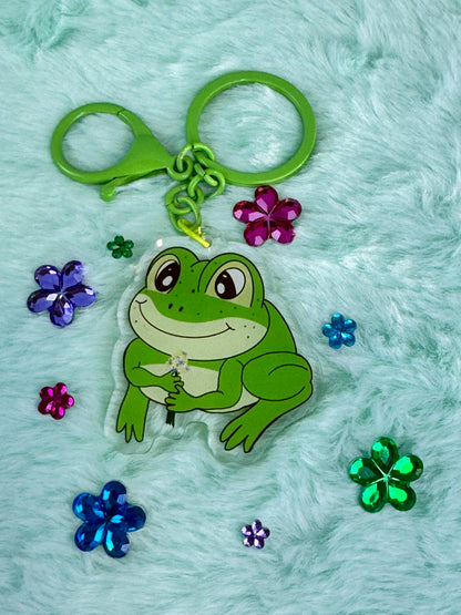Adorable Acrylic Keychains, Bag Charms and Key Holders, Cute Frog With Flower Bouquet