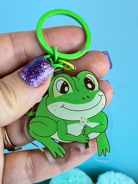 Adorable Acrylic Keychains, Bag Charms and Key Holders, Cute Frog With Flower Bouquet