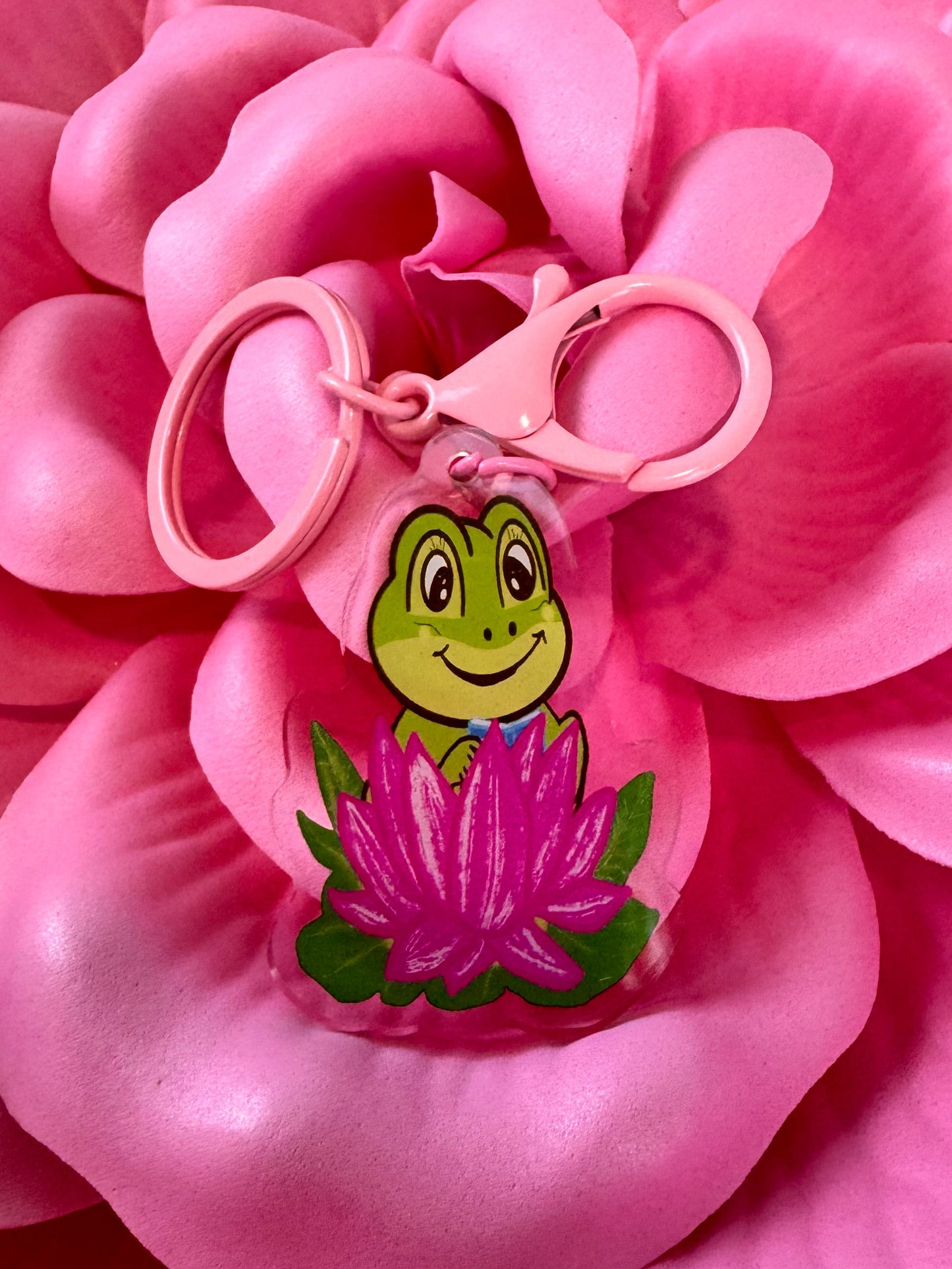 Adorable Acrylic Keychains, Bag Charms and Key Holders, Cute Frog Reading In Lotus Flower