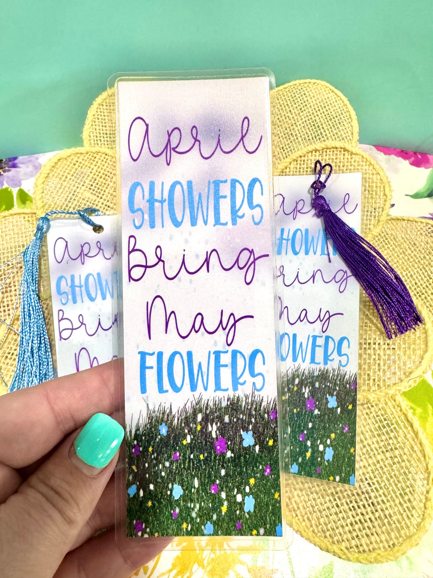 April Showers Bring May Flowers Hand Drawn Laminated Bookmark