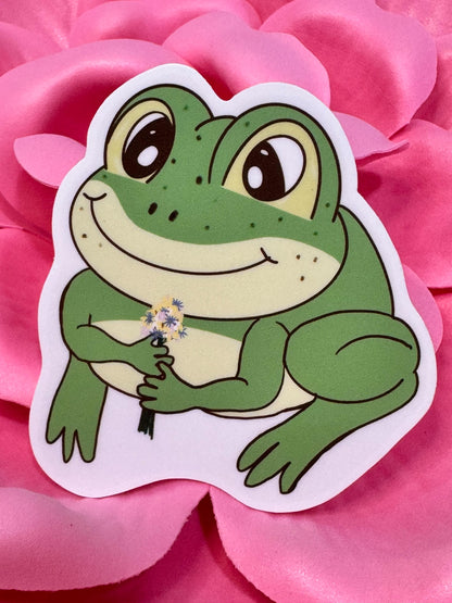 A Gift Of Flowers From A Cute Frog Vinyl Sticker | Hand Drawn Original Art | Handmade