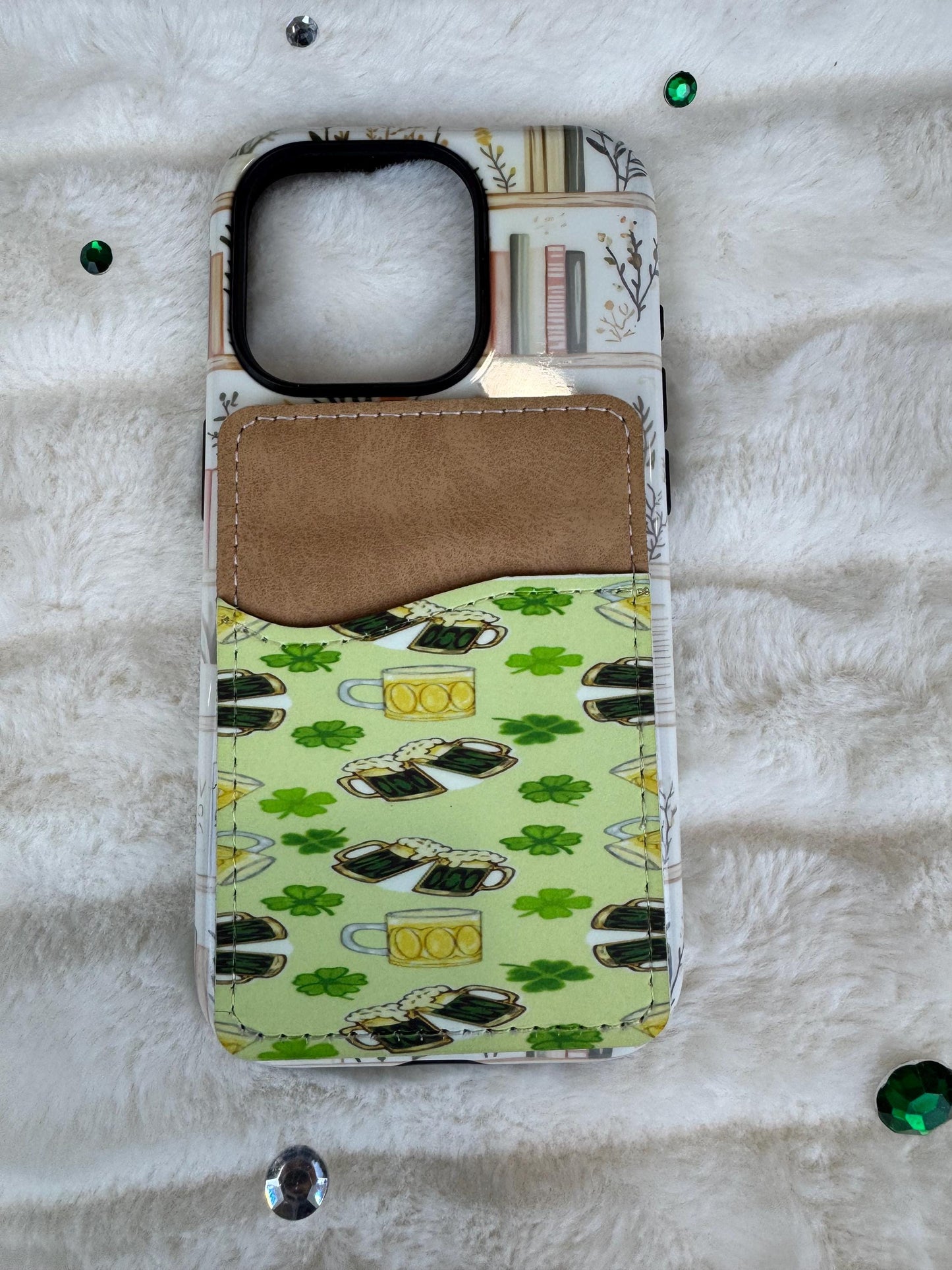 St. Patrick's Day Beer and Shamrock  Phone Card Holder Wallet | Sublimated Adhesive Phone Wallet | Handmade, Hand Drawn Design