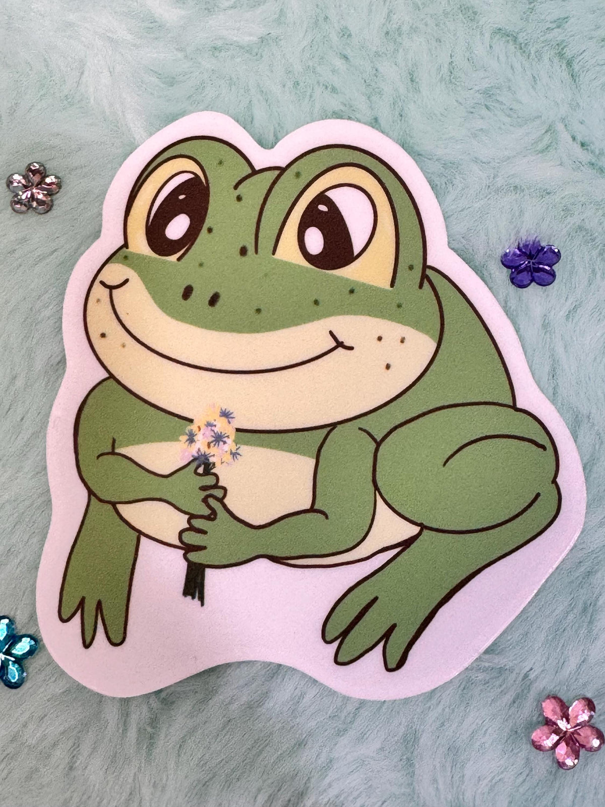 A Gift Of Flowers From A Cute Frog Vinyl Sticker | Hand Drawn Original Art | Handmade