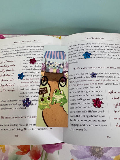 Frog Bookmark | Flower Cart Date | Laminated 2 × 6