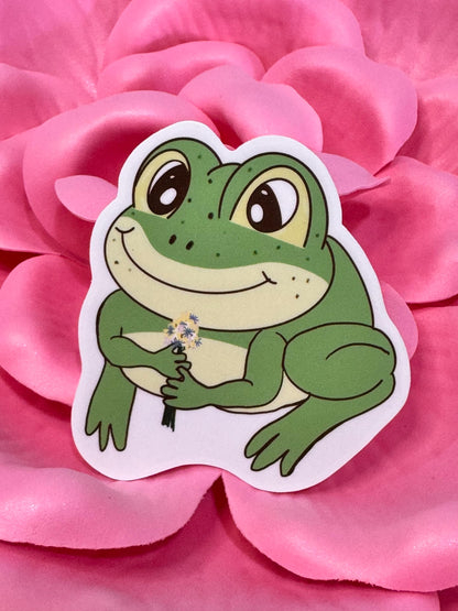 A Gift Of Flowers From A Cute Frog Vinyl Sticker | Hand Drawn Original Art | Handmade