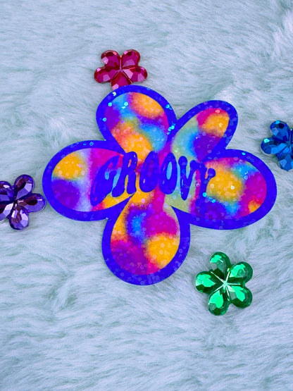 Retro Sticker With Groovy, Colorful Vibe Flower Holographic
