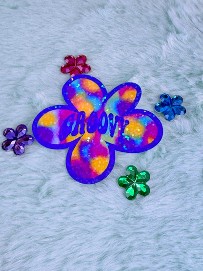 Retro Sticker With Groovy, Colorful Vibe Flower Holographic