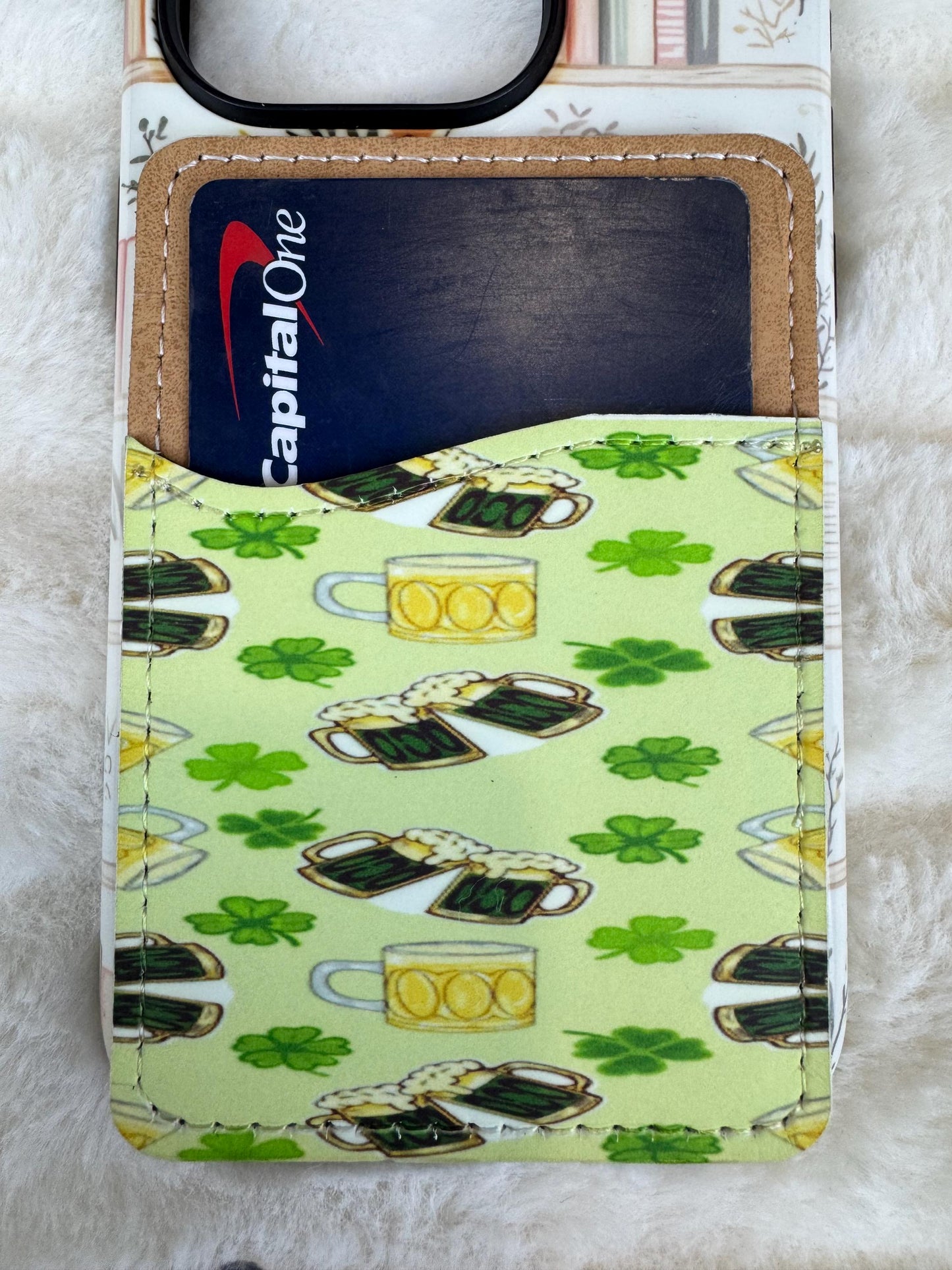 St. Patrick's Day Beer and Shamrock  Phone Card Holder Wallet | Sublimated Adhesive Phone Wallet | Handmade, Hand Drawn Design