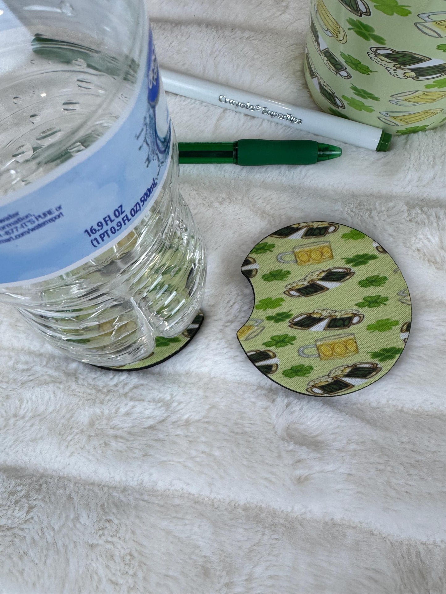 St. Patrick's Day Car Coasters | Beer Mug Four Leaf Clover Design | Set of 2